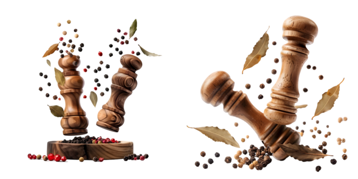 Two spice mills with peppercorns and bay leaves flying Grinder for spices. Salt and pepper shakers levitation. Generative AI.
