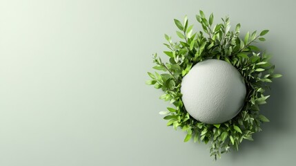 A textured green circle surrounded by lush leaves signifies natural beauty and harmony, invoking a sense of eco-friendliness and sustainability in modern design.