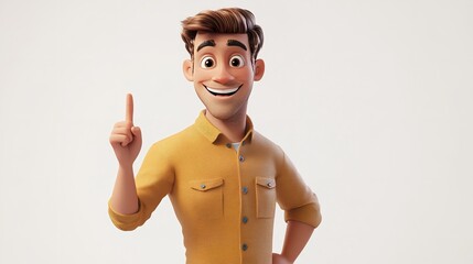 A young man is raising his finger, suggesting an idea or point, 3D Cartoon