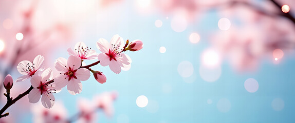 Wiosenne kwiaty wiśni na delikatnym niebieskim tle bokeh