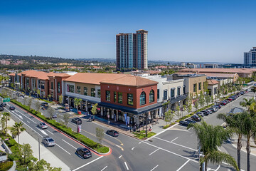 Aerial view of a modern shopping area with palm trees and buildings under a clear sky.
