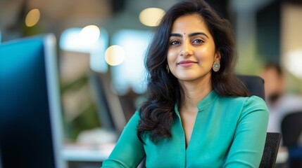 Obraz premium Beautiful young Indian woman wearing green dress at a modern office desk during the day. Young Indian woman smiles confidently while working at her desk in an office.