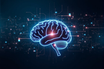 A futuristic AI brain background featuring neural grid visuals, glowing circuits, and abstract data streams for a high-tech concept..