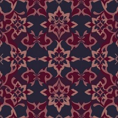 Fototapeta premium Intricate Floral Tile Pattern: A seamless pattern of elegant floral motifs in rich burgundy and deep navy hues, perfect for adding a touch of vintage charm and sophistication to your designs. 