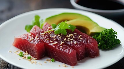 Fresh Slices of Tuna with Avocado and Garnishes on a Plate
