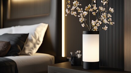 Modern bedroom with illuminated vase and blossoms.
