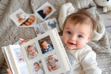 Beautiful collection of baby pictures displayed in a charming album with a happy infant enjoying the memories. Generative AI