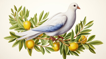 White dove perched on an olive branch with yellow olives, symbolizing peace and harmony