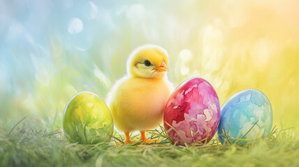 Cute yellow chick next to colorful eggs on a bright spring background