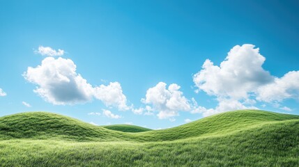Lush Green Hills Under Bright Blue Sky with Soft White Clouds