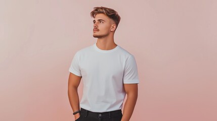 Young man with stylish haircut poses against pastel background in a casual setting.