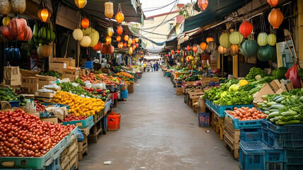 Hanoi Street Market with vibrant produce and hanging lanterns, lively Vietnamese retreat