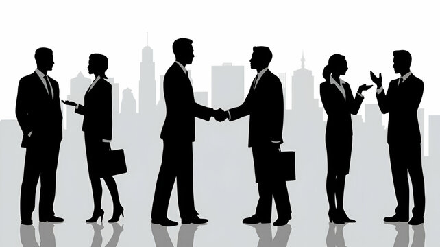 An illustration of business people in silhouette against a white background. There are five people, three of whom are shaking hands. 