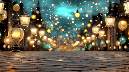 Obraz premium Enchanting Night Street Scene Cobblestone Road Glowing Lights Magical Atmosphere