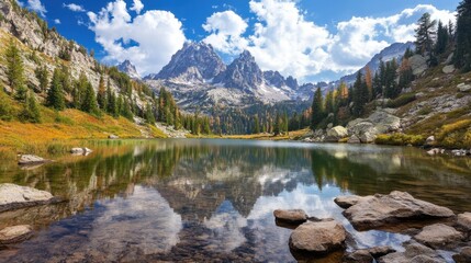 Serene Mountain Landscape with Reflected Peaks and Lush Forest
