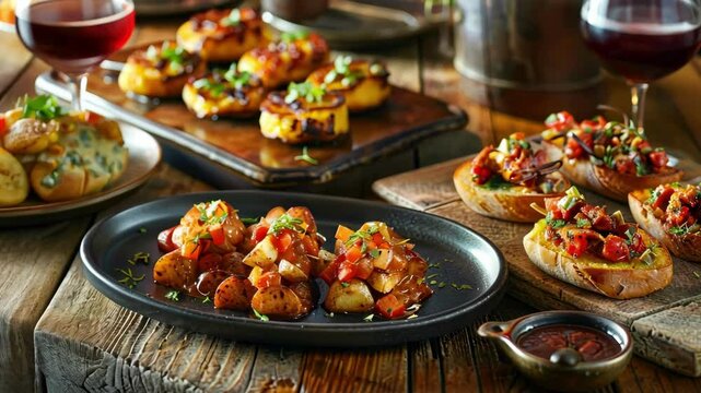 Tapas served on rustic table with wine and warm light