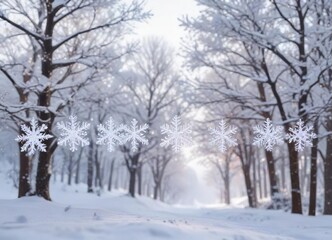 Six sparkling snowflakes in a row against a backdrop of soft white winter sky and snow-covered trees, snow covered trees, icy formations, gold finish