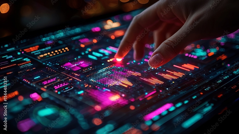 Poster digital marketer analyzing ai driven dashboard with colorful data visualizations for insights