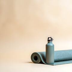 Yoga Mat Rolled Up with Water Bottle In High-Resolution Realistic Photograph with Warm Tones and Gentle Shadows