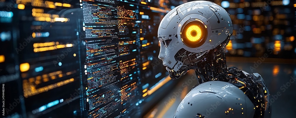 Poster futuristic robot monitoring digital data and analytics in illuminated cityscape visualization