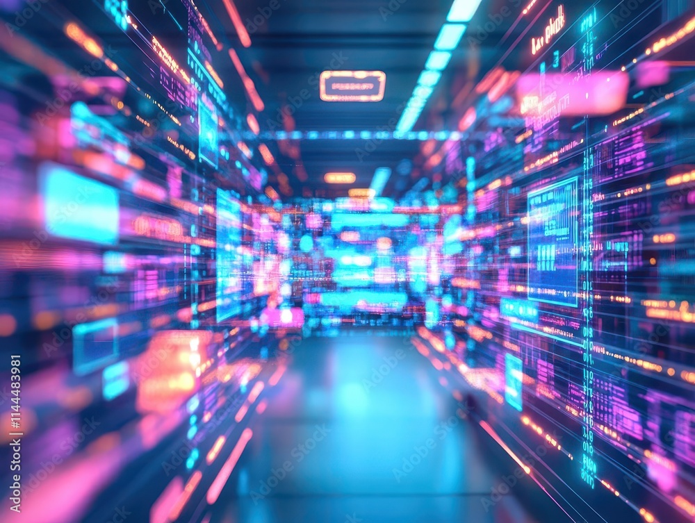 Poster virtual popup shop surrounded by glowing data streams, immersive shopping experience with holographi