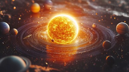 Glowing sun at center of planetary system.