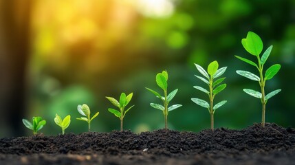 Fototapeta premium Growth Stages of Plants in Soil with Sunlight Background