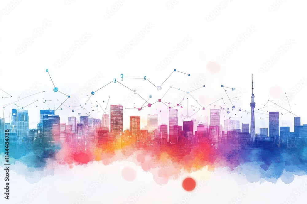 Poster vibrant watercolor cityscape portraying integrated data and business networks enabling seamless oper
