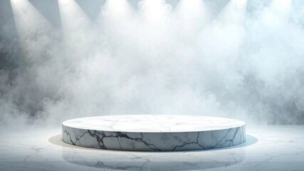 Illuminated marble podium in a foggy atmosphere with glowing spotlights