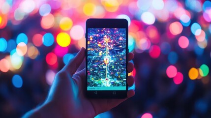 Teen with smartphone GPS navigating a festival map, glowing crowd background, techenhanced event experience