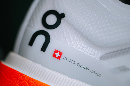 On Running shoes. Swiss engineering writen on Cloudboom Strike Shoes