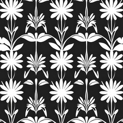 Fototapeta premium Black and White Floral Damask Pattern: An elegant and timeless design with a modern twist. This seamless pattern features a repeating motif of delicate white floral elements on a black background.