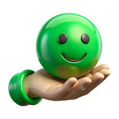 Cut out 3D render Hand holding green happy smile face ball on transparent background. World compliment day, child wellness,world mental health day concept. - obrazy, fototapety, plakaty
