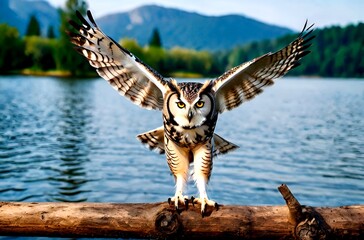 Captivating image of an owl, its silent flight interrupted only by the gentle lapping of waves.