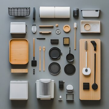 Flat lay of minimalist kitchen utensils and accessories on gray background.