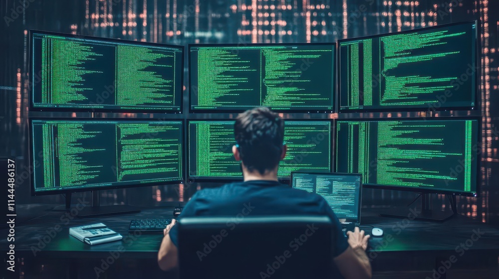 Poster Software engineer coding an update, multiple monitors displaying green code, dimly lit workspace, cyber noir style