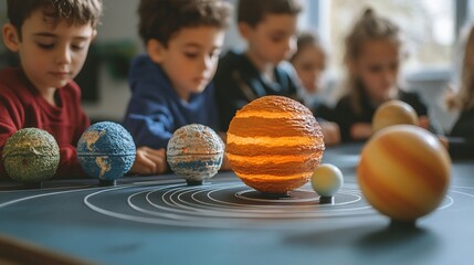 Children learning about solar system with model.