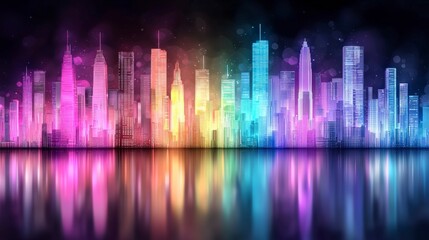 Vibrant Cityscape  Neon Skyline  Night City  Urban Glow  Rainbow Reflection