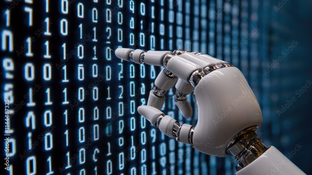 Poster close-up of a robot hand interacting with virtual computer code, illuminated in a high-tech blue cyb