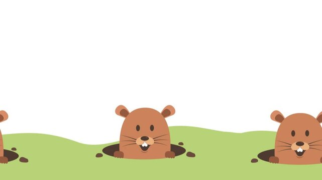 Animation of a groundhog character going in and out of a hole cheerfully, alpha channel setting, looping animation