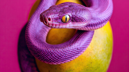 Fototapeta premium A Vivid Purple Snake Beautifully Coiled on a Variety of Tropical Fruits, Captivating the Eye