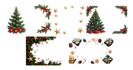 Ultimate Christmas bundle of cut-out png design elements. Christmas photo frames on a  transparent background. Christmas tree, gifts, decorations 