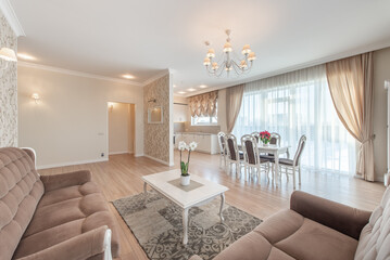 Elegant Brightly Lit Luxury Home Living Room Interior with Modern Furniture and Spacious Dining Area