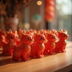 Obraz premium Red lion figurines with golden details on a wooden table.