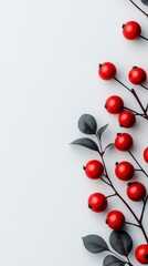 Red Berries  Dark Leaves  White Background  Autumnal Flatlay Design