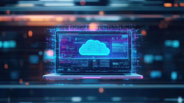 Holographic AR interface hovering above a laptop, showing cloud backup in progress, vibrant blues and purples, ultrahigh detail