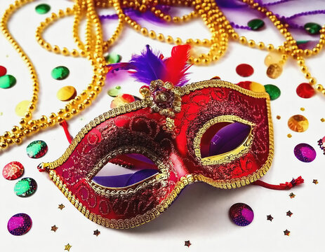 Red Mardi Gras Mask, Gold Beeds AI