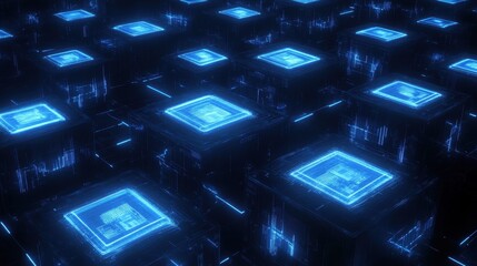 Futuristic Blue Glowing Data Cubes Abstract Background.