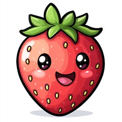 Obraz premium Cute cartoon strawberry with happy face and green leaves.