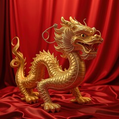Obraz premium Golden dragon figurine on red fabric background.